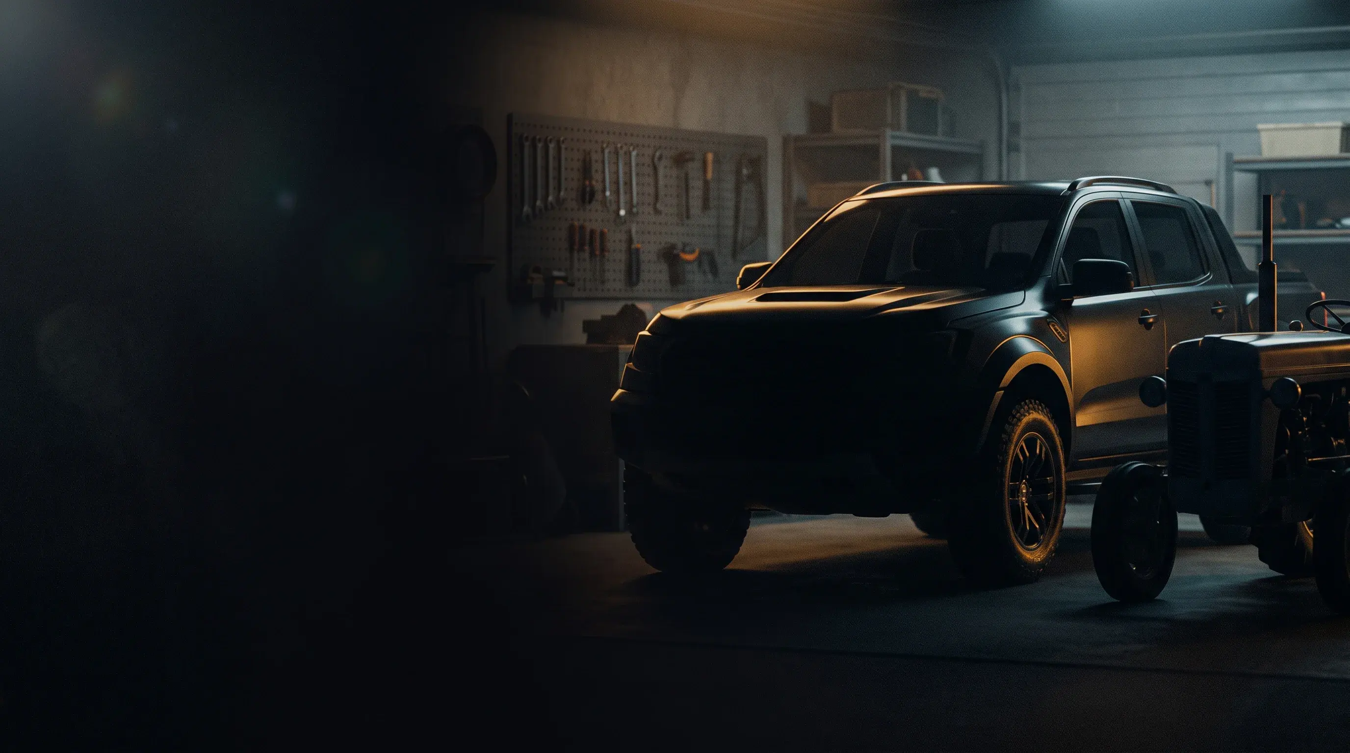 A pickup truck in a garage, lit with warm amber work light